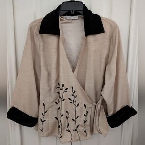 NWT Soft Gold & Black Floral Embroidered Wrap Blouse